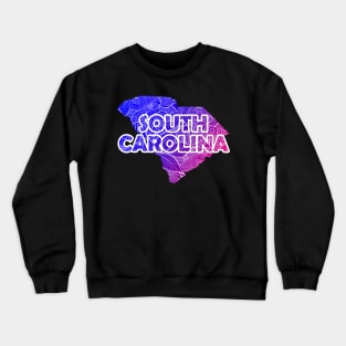 Colorful mandala art map of South Carolina with text in blue and violet Crewneck Sweatshirt